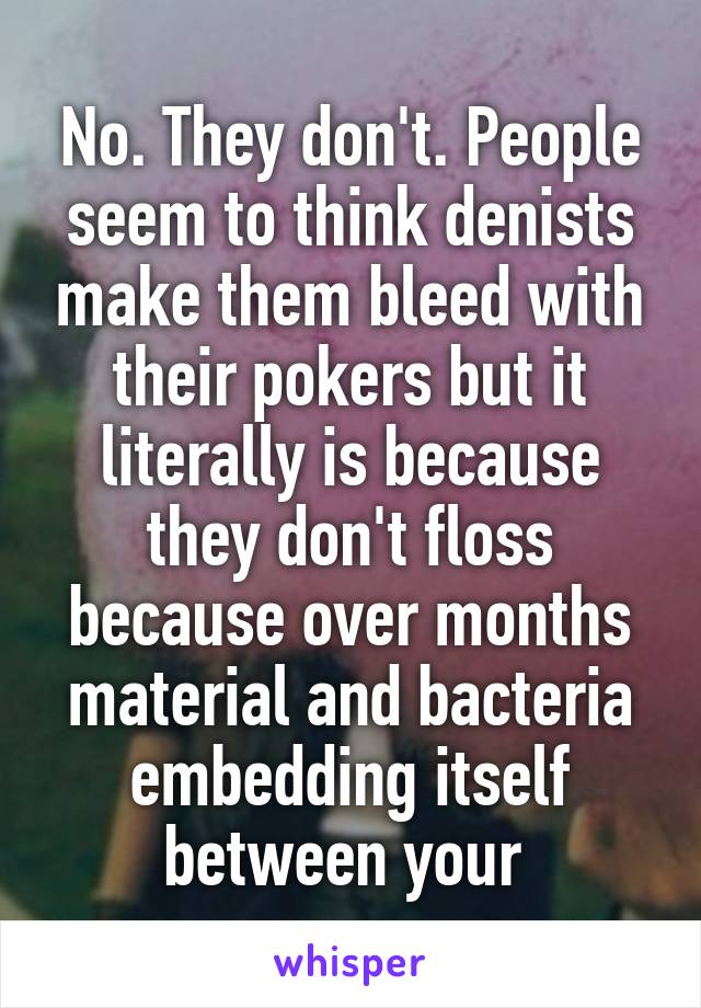 No. They don't. People seem to think denists make them bleed with their pokers but it literally is because they don't floss because over months material and bacteria embedding itself between your 