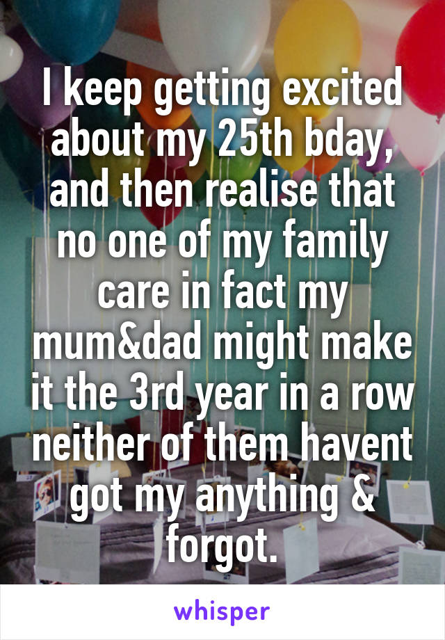 I keep getting excited about my 25th bday, and then realise that no one of my family care in fact my mum&dad might make it the 3rd year in a row neither of them havent got my anything & forgot.