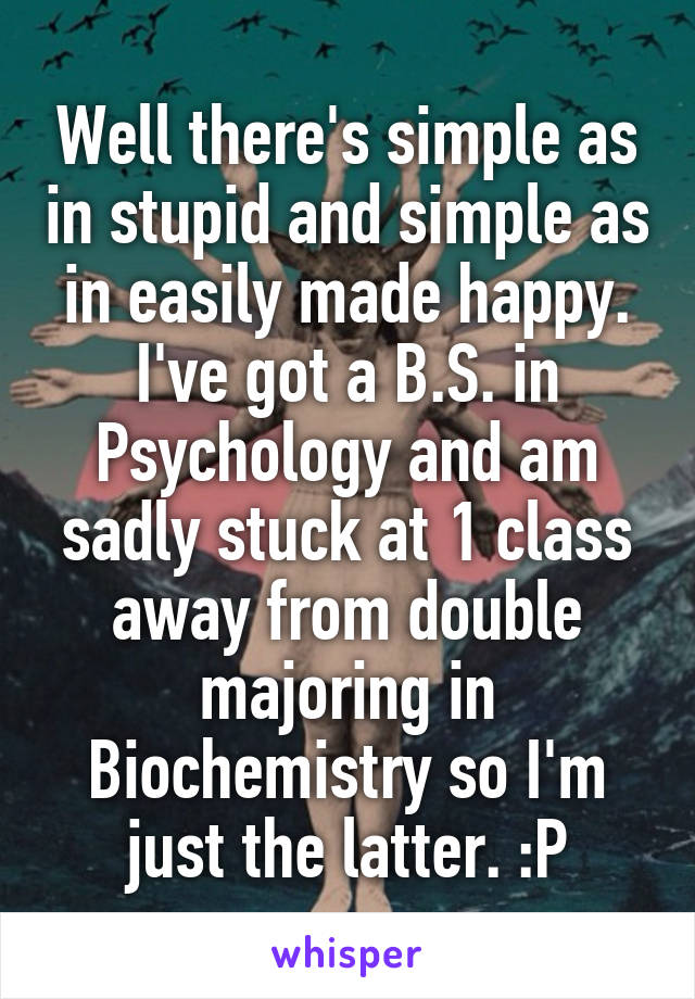 Well there's simple as in stupid and simple as in easily made happy. I've got a B.S. in Psychology and am sadly stuck at 1 class away from double majoring in Biochemistry so I'm just the latter. :P