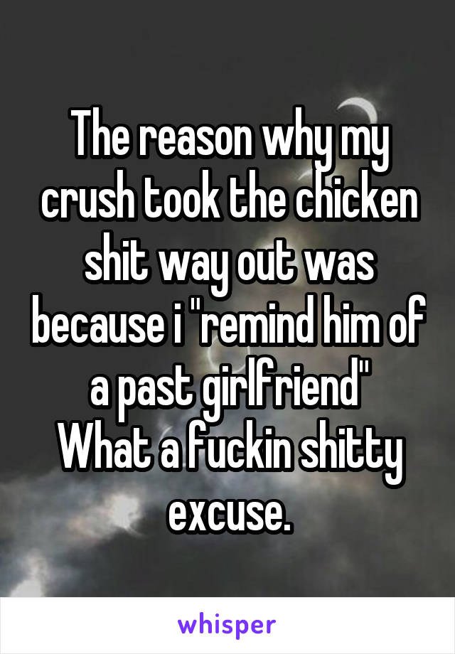 The reason why my crush took the chicken shit way out was because i "remind him of a past girlfriend"
What a fuckin shitty excuse.