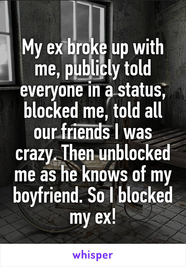 My ex broke up with me, publicly told everyone in a status, blocked me, told all our friends I was crazy. Then unblocked me as he knows of my boyfriend. So I blocked my ex!