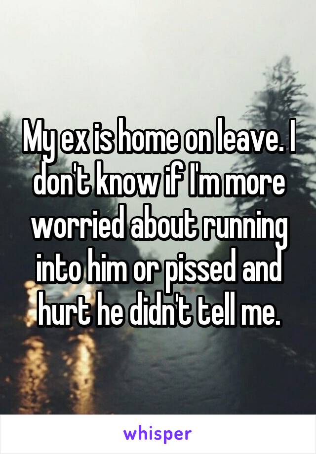 My ex is home on leave. I don't know if I'm more worried about running into him or pissed and hurt he didn't tell me.