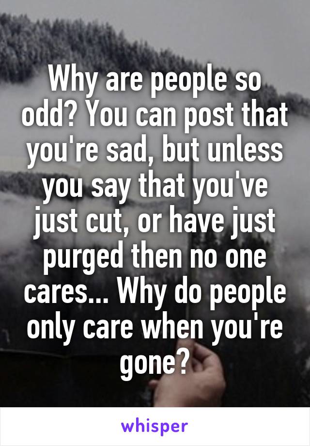 Why are people so odd? You can post that you're sad, but unless you say that you've just cut, or have just purged then no one cares... Why do people only care when you're gone?