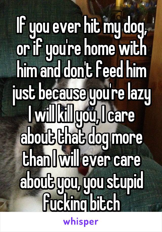 If you ever hit my dog, or if you're home with him and don't feed him just because you're lazy I will kill you, I care about that dog more than I will ever care about you, you stupid fucking bitch