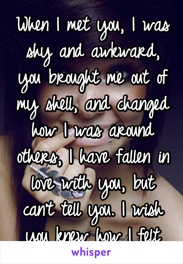 When I met you, I was shy and awkward, you brought me out of my shell, and changed how I was around others, I have fallen in love with you, but can't tell you. I wish you knew how I felt