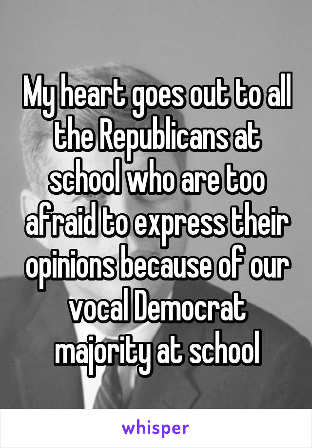 My heart goes out to all the Republicans at school who are too afraid to express their opinions because of our vocal Democrat majority at school