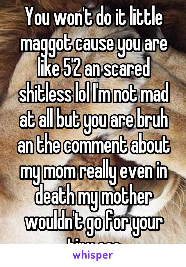 You won't do it little maggot cause you are like 5'2 an scared shitless lol I'm not mad at all but you are bruh an the comment about my mom really even in death my mother wouldn't go for your tiny ass