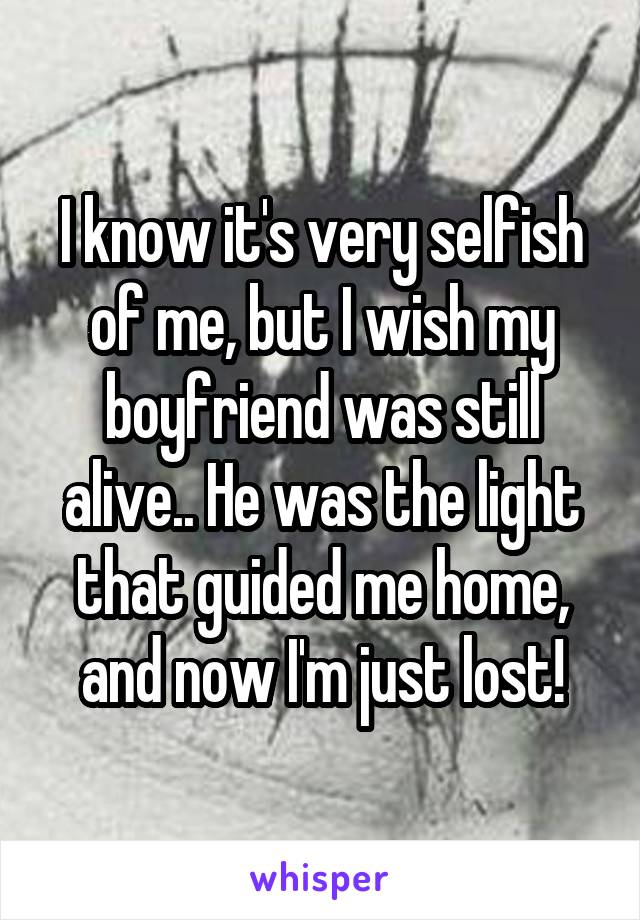 I know it's very selfish of me, but I wish my boyfriend was still alive.. He was the light that guided me home, and now I'm just lost!