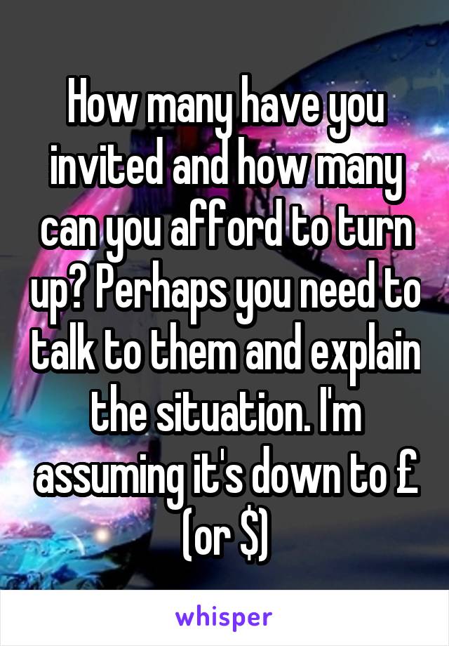 How many have you invited and how many can you afford to turn up? Perhaps you need to talk to them and explain the situation. I'm assuming it's down to £ (or $)