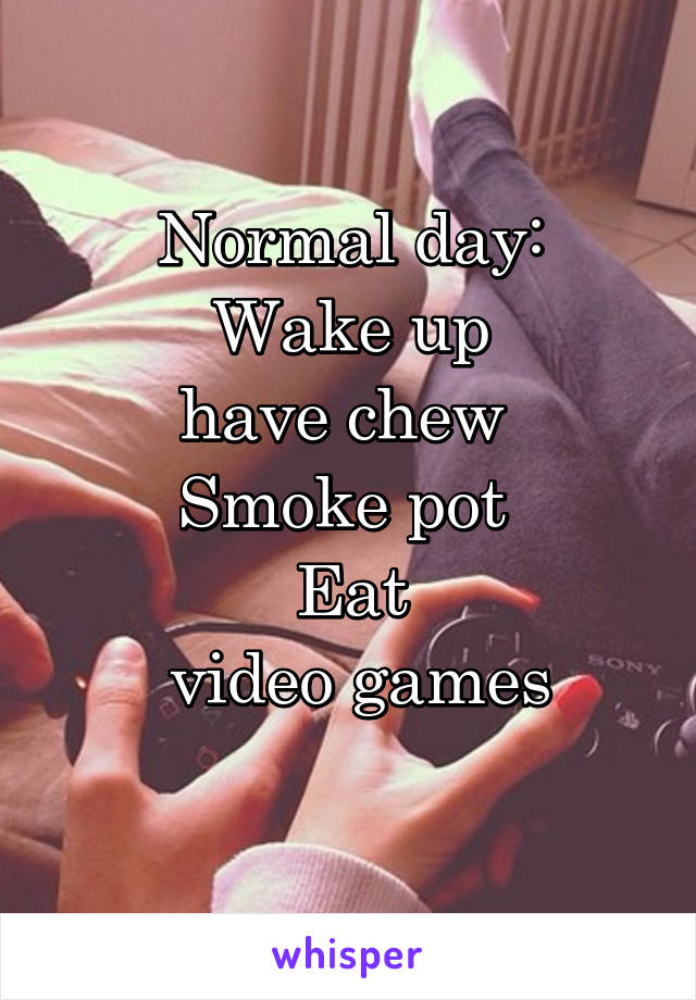 Normal day:
Wake up
have chew 
Smoke pot 
Eat
 video games
