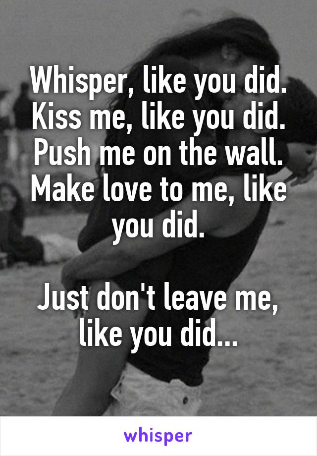 Whisper, like you did.
Kiss me, like you did.
Push me on the wall.
Make love to me, like you did.

Just don't leave me,
like you did...
