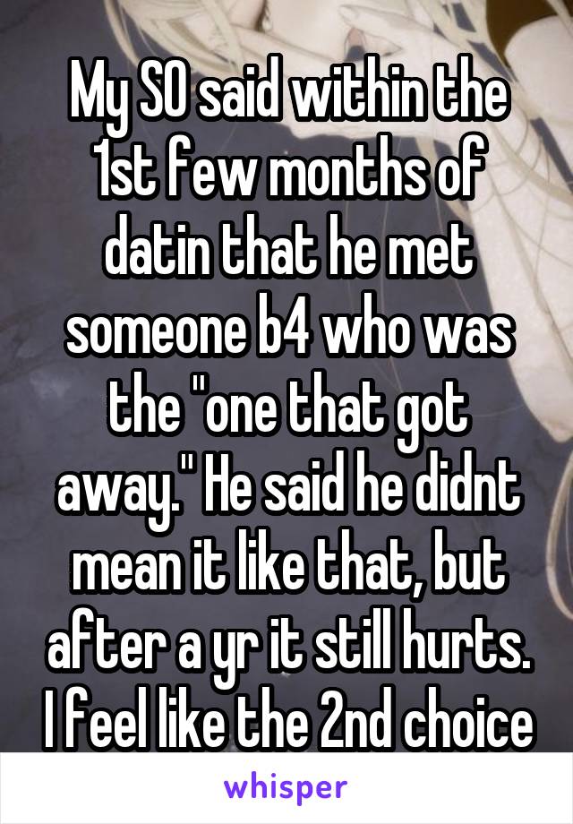 My SO said within the 1st few months of datin that he met someone b4 who was the "one that got away." He said he didnt mean it like that, but after a yr it still hurts. I feel like the 2nd choice