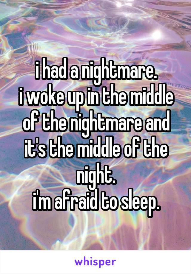 i had a nightmare.
i woke up in the middle of the nightmare and it's the middle of the night.
i'm afraid to sleep.