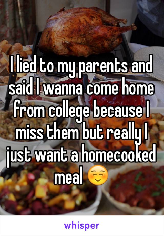 I lied to my parents and said I wanna come home from college because I miss them but really I just want a homecooked meal ☺️