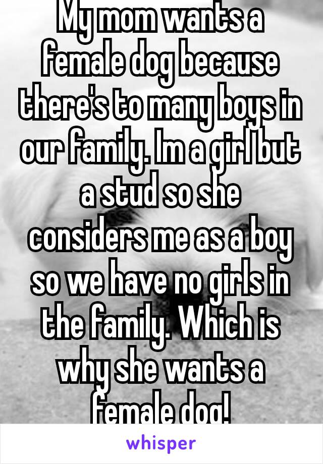 My mom wants a female dog because there's to many boys in our family. Im a girl but a stud so she considers me as a boy so we have no girls in the family. Which is why she wants a female dog! 🐶🐶🐶