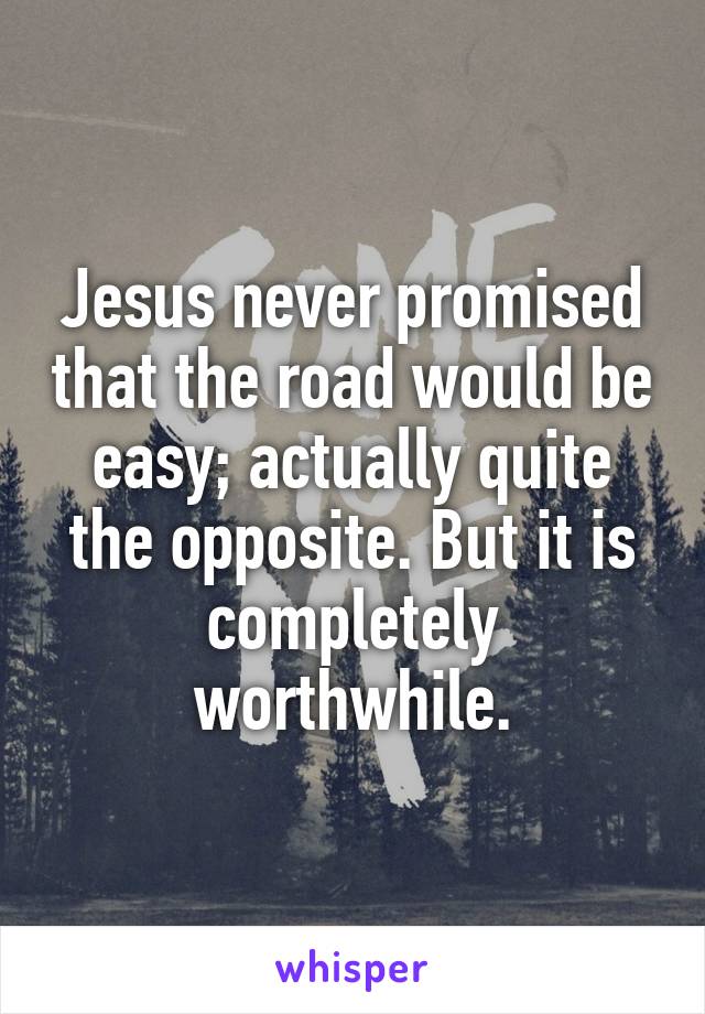 Jesus never promised that the road would be easy; actually quite the opposite. But it is completely worthwhile.