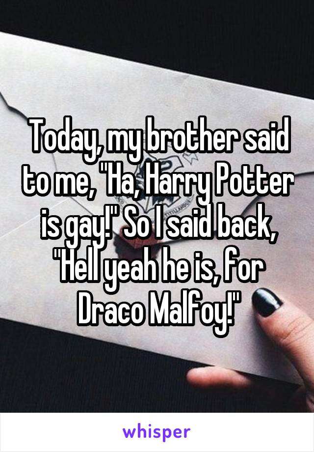 Today, my brother said to me, "Ha, Harry Potter is gay!" So I said back, "Hell yeah he is, for Draco Malfoy!"