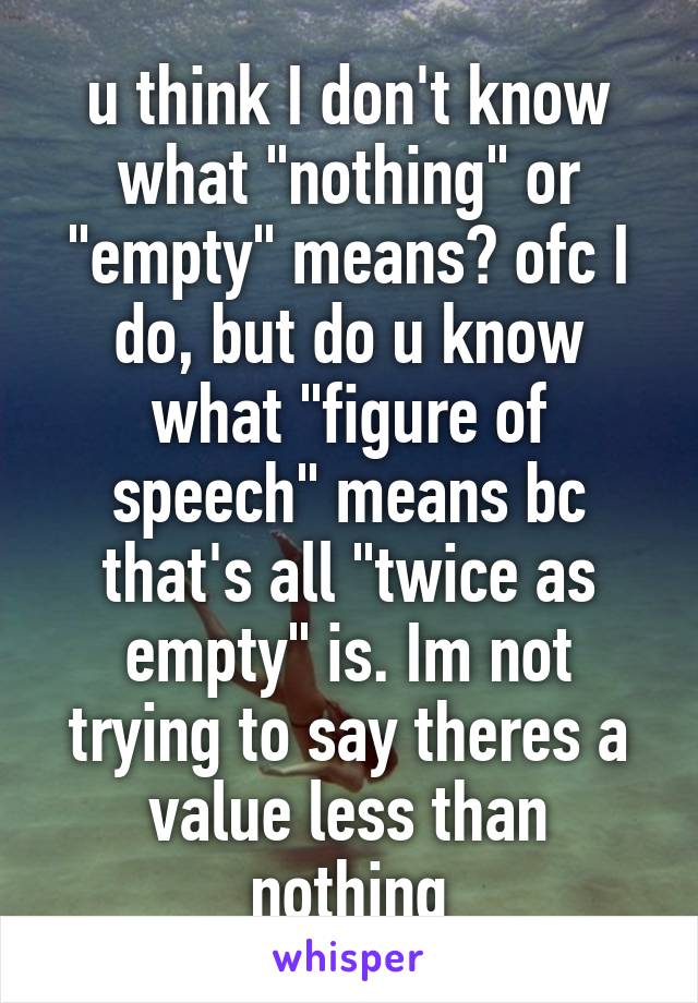 u think I don't know what "nothing" or "empty" means? ofc I do, but do u know what "figure of speech" means bc that's all "twice as empty" is. Im not trying to say theres a value less than nothing