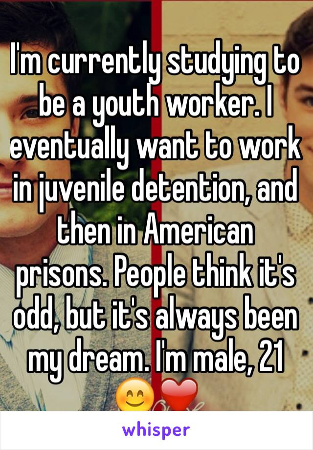 I'm currently studying to be a youth worker. I eventually want to work in juvenile detention, and then in American prisons. People think it's odd, but it's always been my dream. I'm male, 21 😊❤️