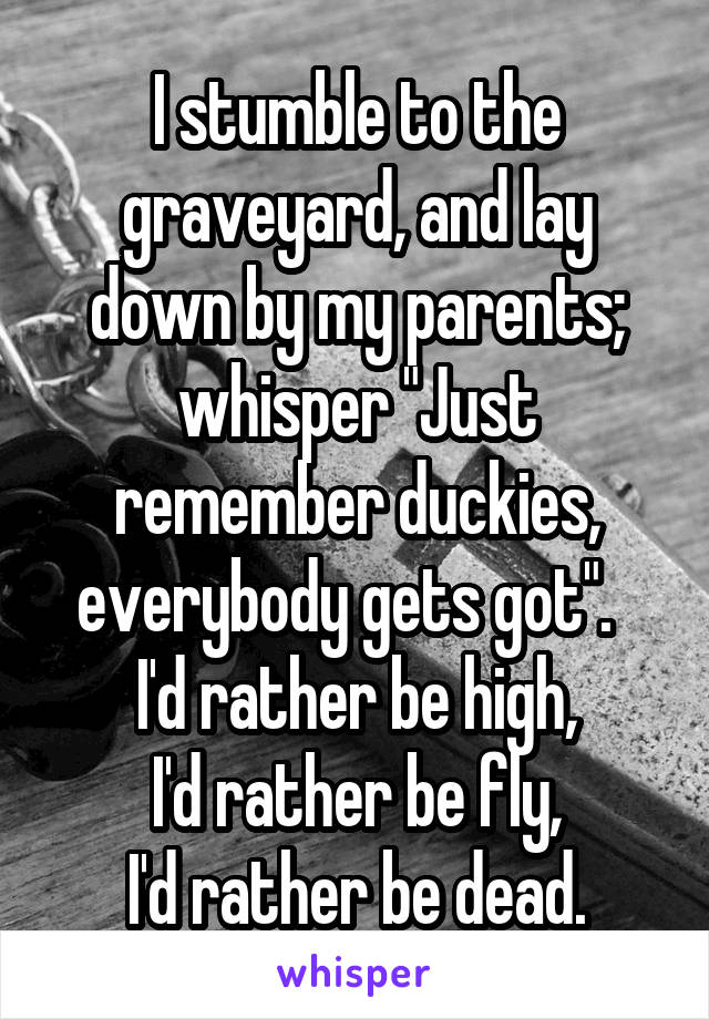 I stumble to the graveyard, and lay down by my parents; whisper "Just remember duckies, everybody gets got".  
I'd rather be high,
I'd rather be fly,
I'd rather be dead.