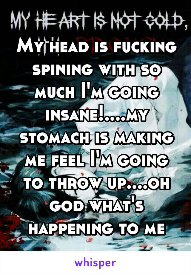 My head is fucking spining with so much I'm going insane!....my stomach is making me feel I'm going to throw up....oh god what's happening to me