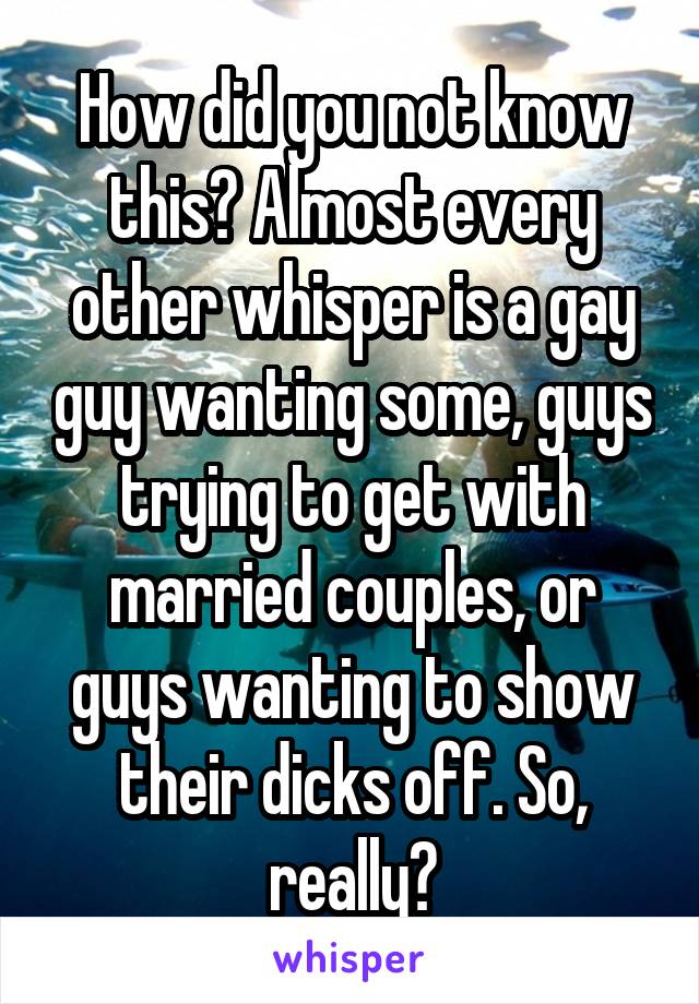 How did you not know this? Almost every other whisper is a gay guy wanting some, guys trying to get with married couples, or guys wanting to show their dicks off. So, really?