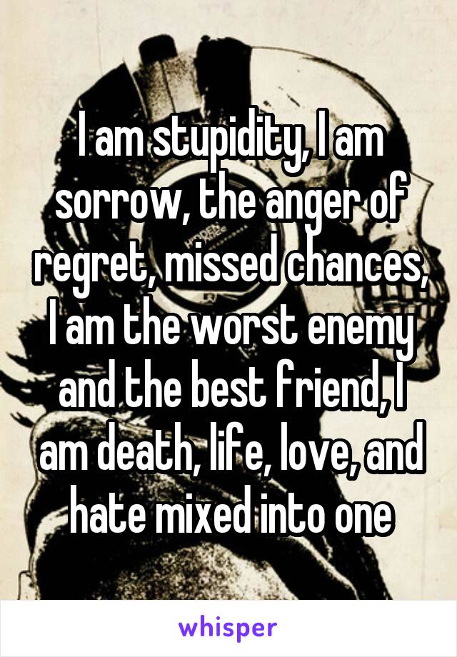 I am stupidity, I am sorrow, the anger of regret, missed chances, I am the worst enemy and the best friend, I am death, life, love, and hate mixed into one