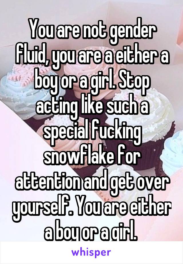 You are not gender fluid, you are a either a boy or a girl. Stop acting like such a special fucking snowflake for attention and get over yourself. You are either a boy or a girl. 