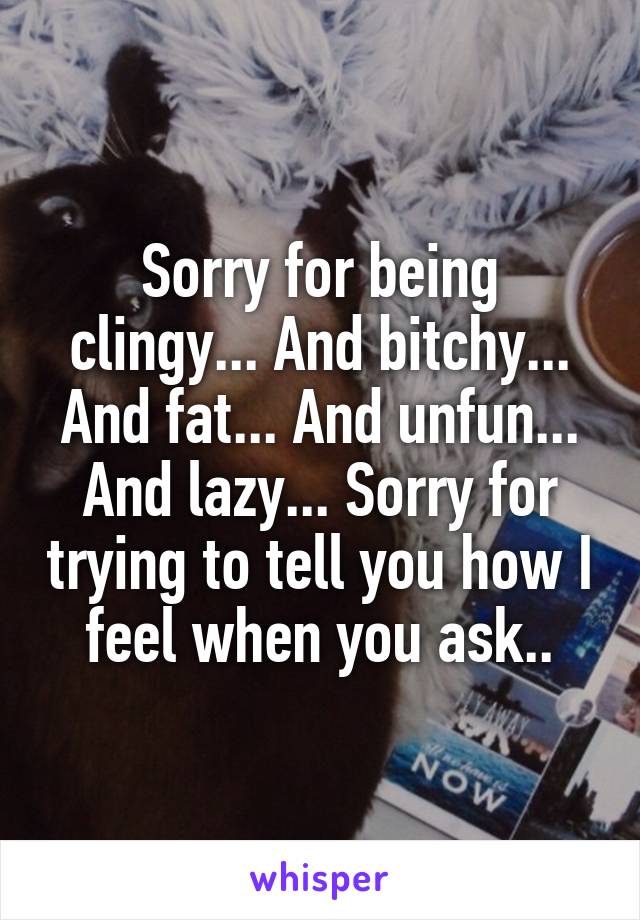 Sorry for being clingy... And bitchy... And fat... And unfun... And lazy... Sorry for trying to tell you how I feel when you ask..