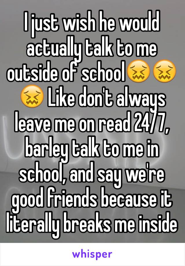 I just wish he would actually talk to me outside of school😖😖😖 Like don't always leave me on read 24/7, barley talk to me in school, and say we're good friends because it literally breaks me inside