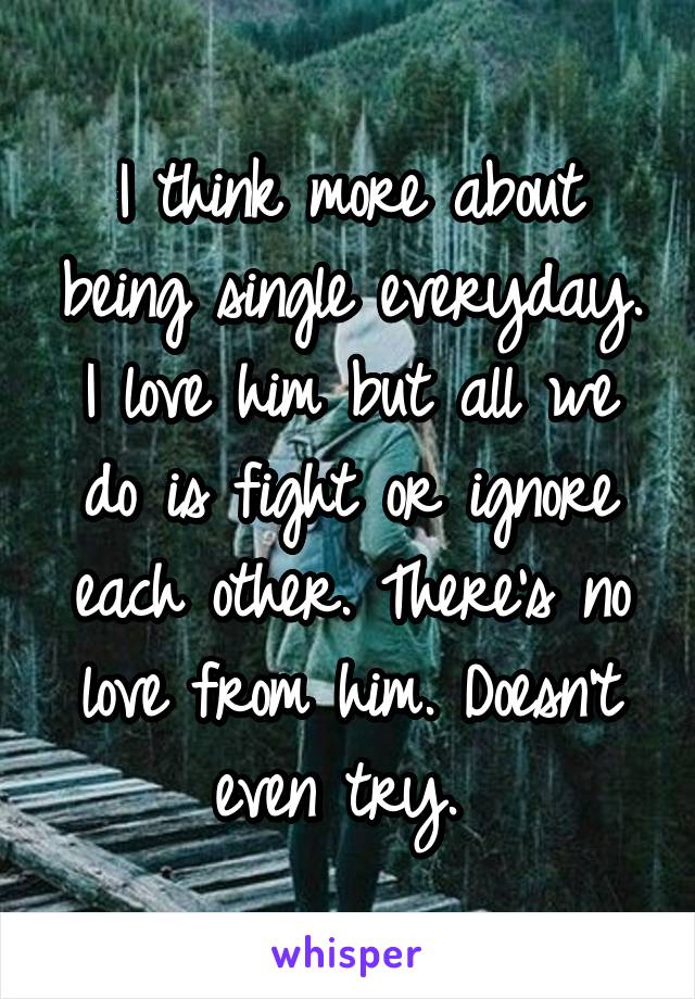 I think more about being single everyday. I love him but all we do is fight or ignore each other. There's no love from him. Doesn't even try. 