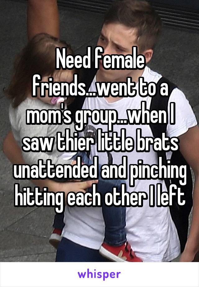 Need female friends...went to a mom's group...when I saw thier little brats unattended and pinching hitting each other I left 