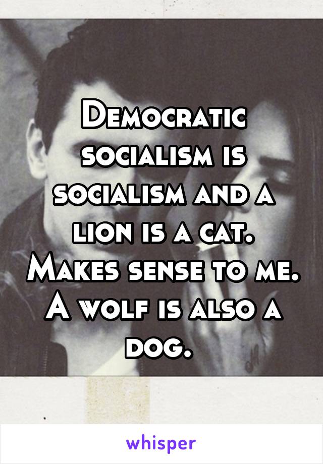 Democratic socialism is socialism and a lion is a cat. Makes sense to me. A wolf is also a dog. 