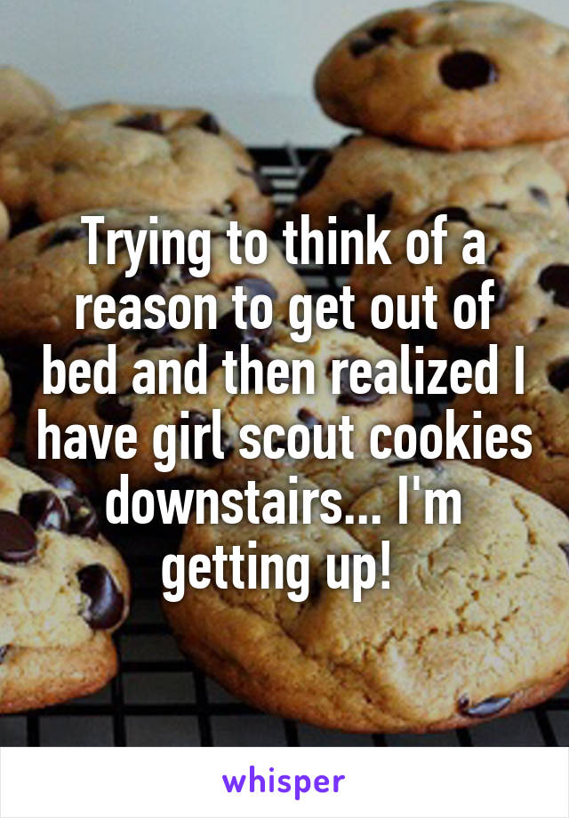 Trying to think of a reason to get out of bed and then realized I have girl scout cookies downstairs... I'm getting up! 