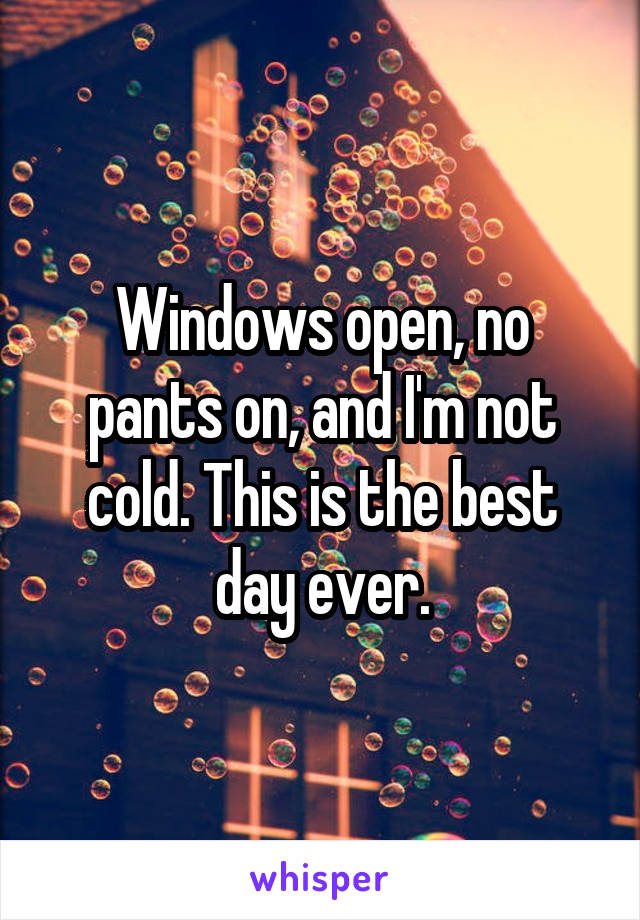 Windows open, no pants on, and I'm not cold. This is the best day ever.