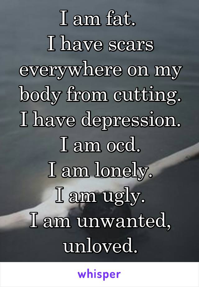 I am fat. 
I have scars everywhere on my body from cutting.
I have depression.
I am ocd.
I am lonely.
I am ugly.
I am unwanted, unloved.
