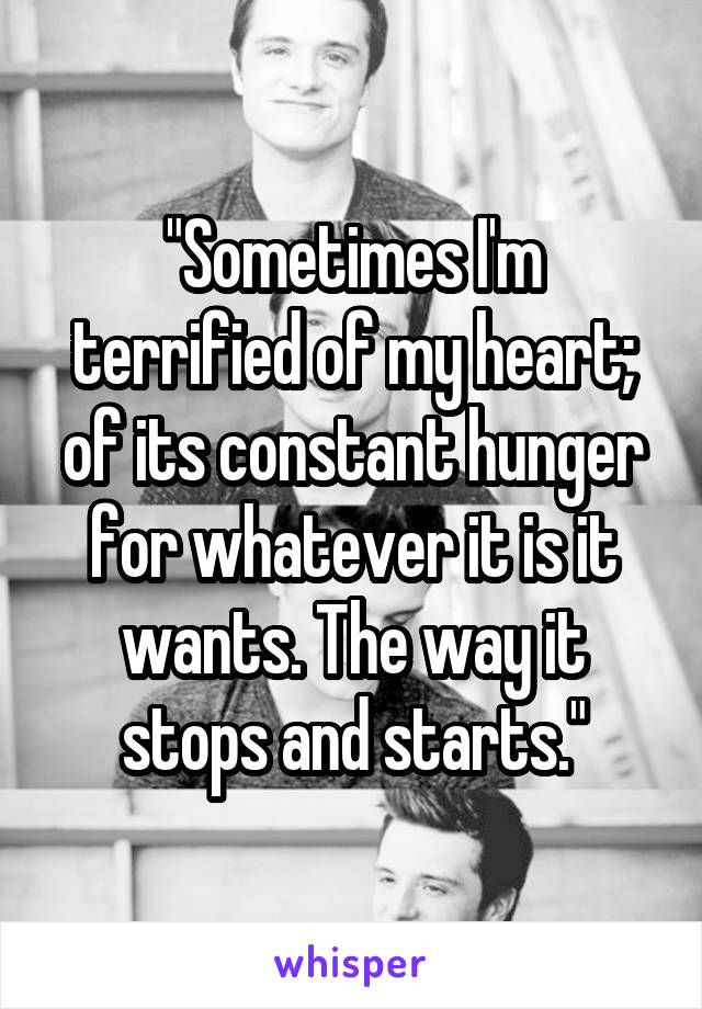 "Sometimes I'm terrified of my heart; of its constant hunger for whatever it is it wants. The way it stops and starts."