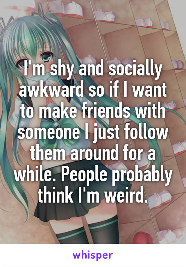 I'm shy and socially awkward so if I want to make friends with someone I just follow them around for a while. People probably think I'm weird.