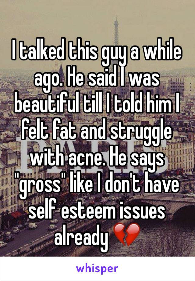 I talked this guy a while ago. He said I was beautiful till I told him I felt fat and struggle with acne. He says "gross" like I don't have self esteem issues already 💔