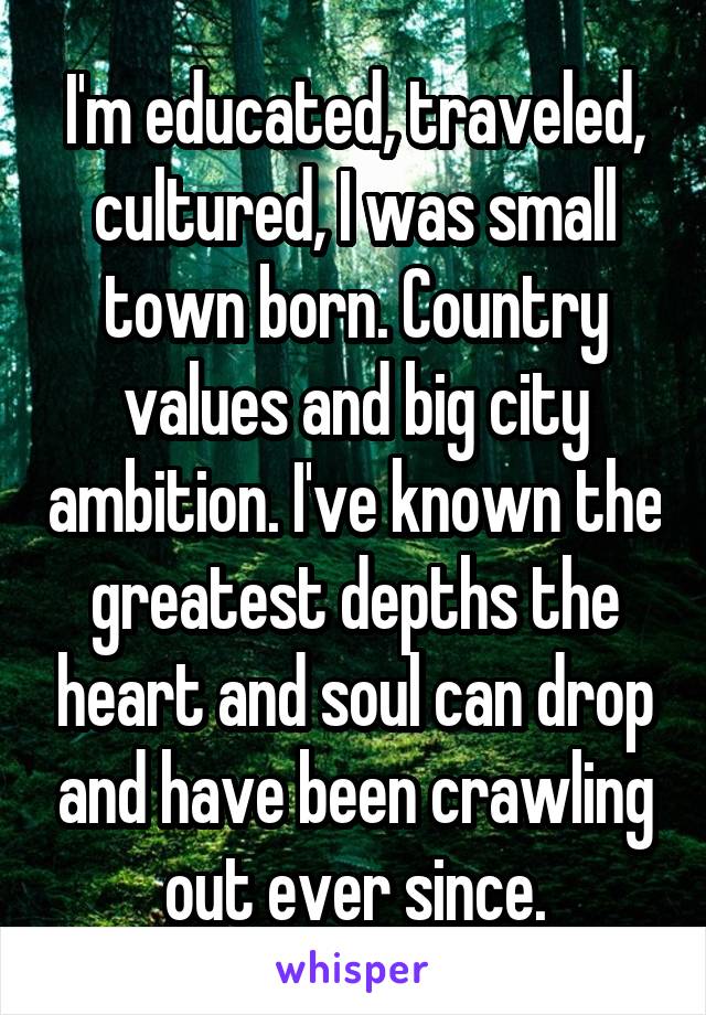 I'm educated, traveled, cultured, I was small town born. Country values and big city ambition. I've known the greatest depths the heart and soul can drop and have been crawling out ever since.