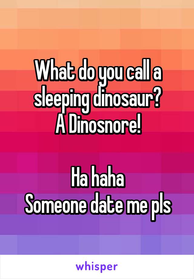 What do you call a sleeping dinosaur?
A Dinosnore!

Ha haha
Someone date me pls