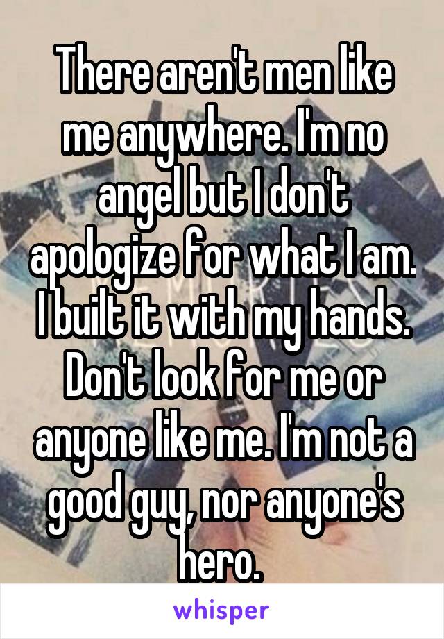 There aren't men like me anywhere. I'm no angel but I don't apologize for what I am. I built it with my hands. Don't look for me or anyone like me. I'm not a good guy, nor anyone's hero. 