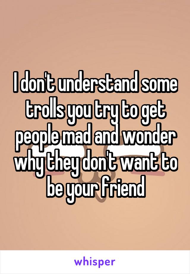 I don't understand some trolls you try to get people mad and wonder why they don't want to be your friend