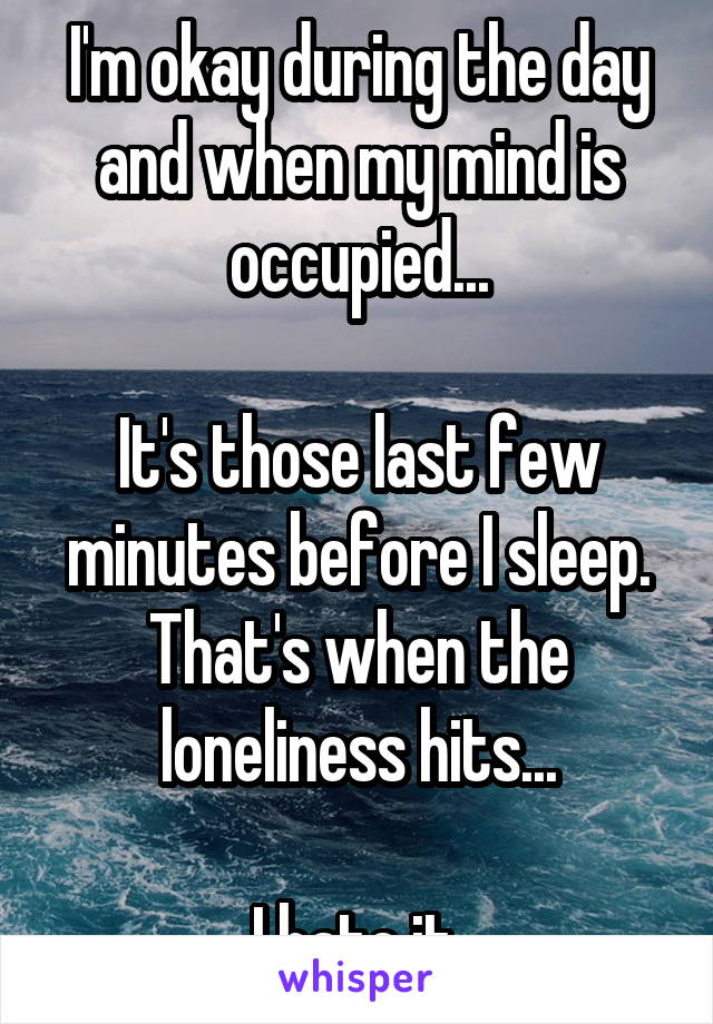 I'm okay during the day and when my mind is occupied...

It's those last few minutes before I sleep. That's when the loneliness hits...

I hate it.