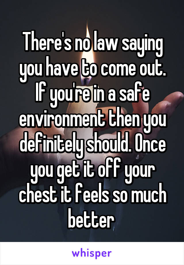 There's no law saying you have to come out. If you're in a safe environment then you definitely should. Once you get it off your chest it feels so much better 