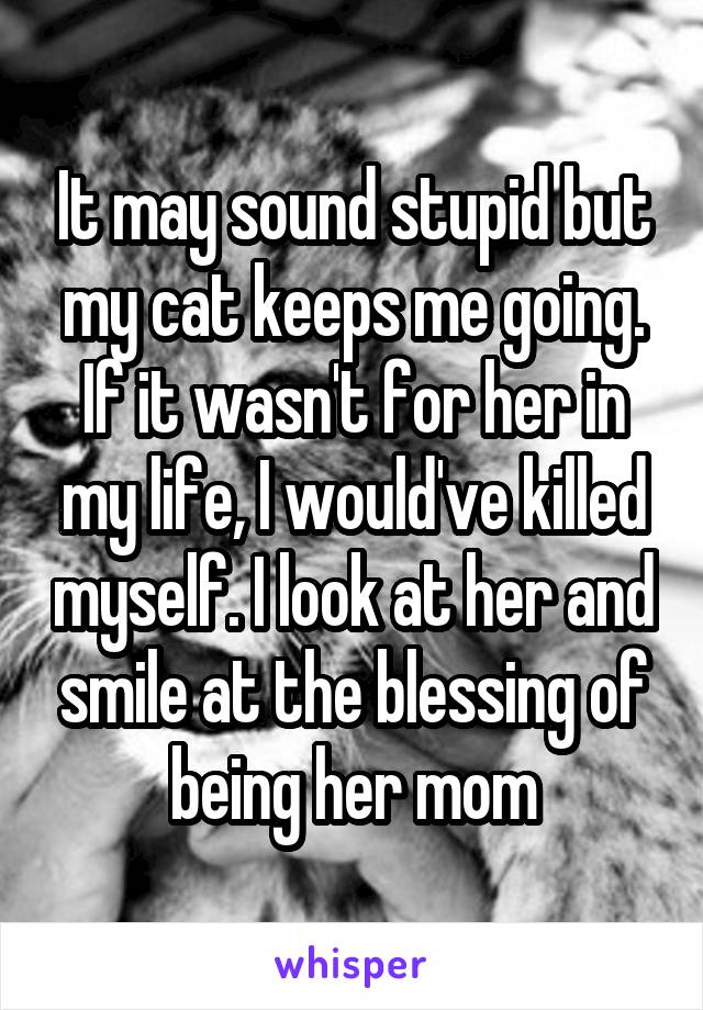 It may sound stupid but my cat keeps me going. If it wasn't for her in my life, I would've killed myself. I look at her and smile at the blessing of being her mom