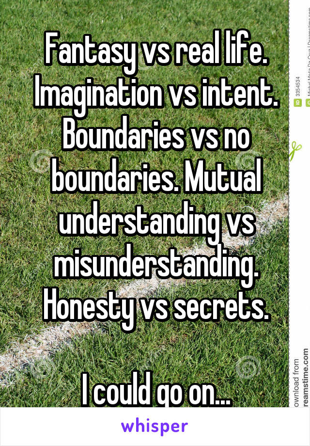 Fantasy vs real life. Imagination vs intent. Boundaries vs no boundaries. Mutual understanding vs misunderstanding. Honesty vs secrets.

I could go on...