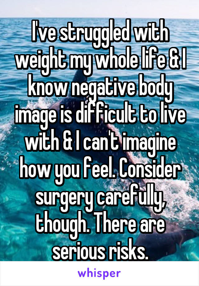 I've struggled with weight my whole life & I know negative body image is difficult to live with & I can't imagine how you feel. Consider surgery carefully, though. There are serious risks.