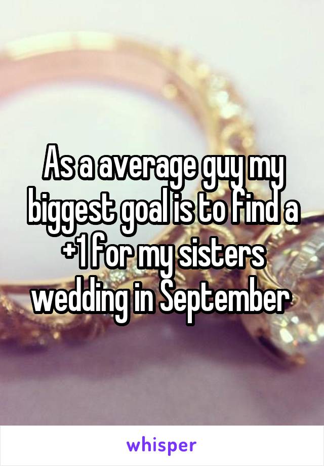 As a average guy my biggest goal is to find a +1 for my sisters wedding in September 