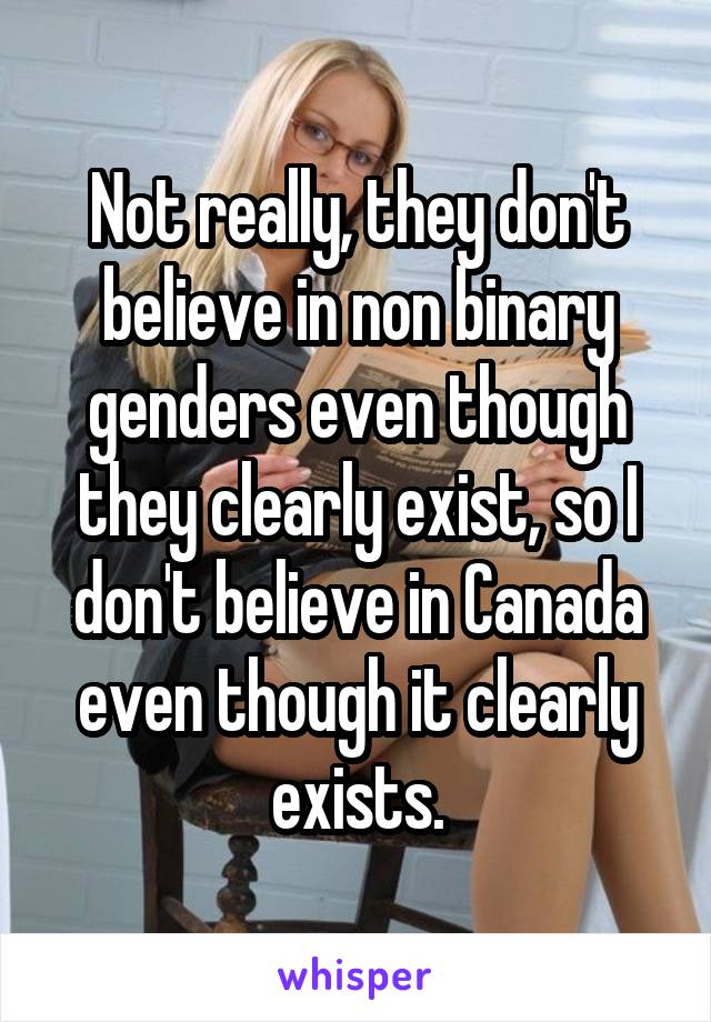 Not really, they don't believe in non binary genders even though they clearly exist, so I don't believe in Canada even though it clearly exists.